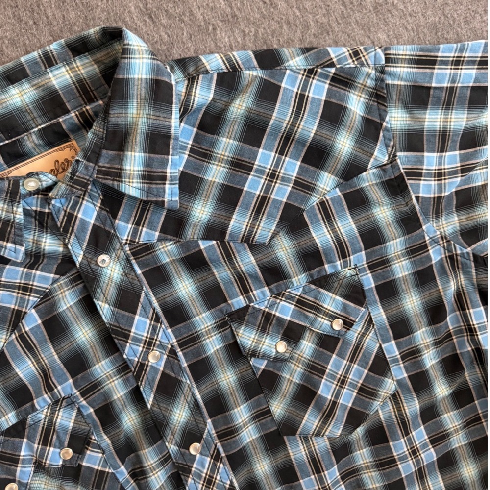 Wrangler Mens Western Snap Shirt 2XL Blue Black Plaid Short Sleeve Pearl Snap